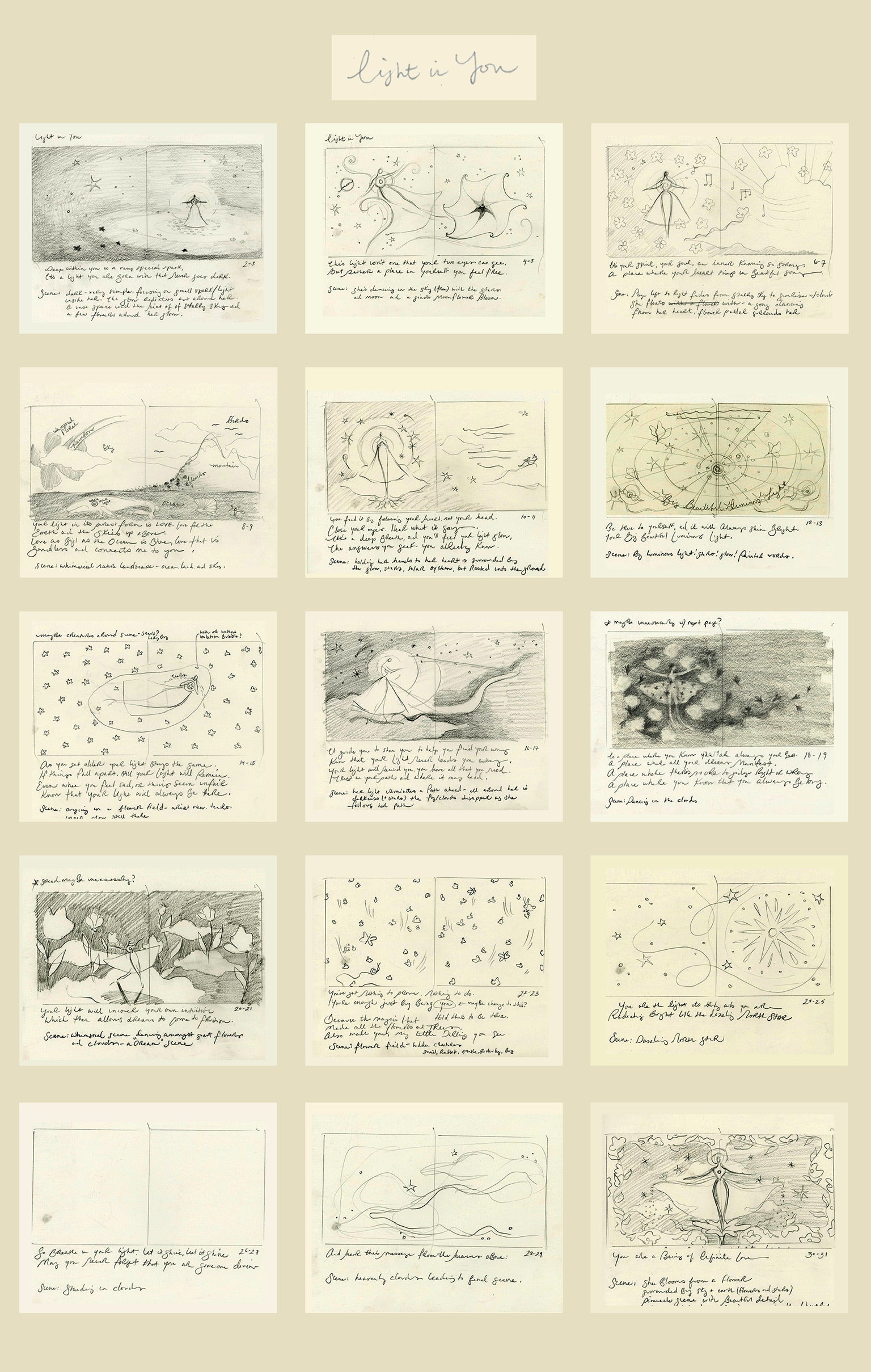 Original sketches for each page laid out with text